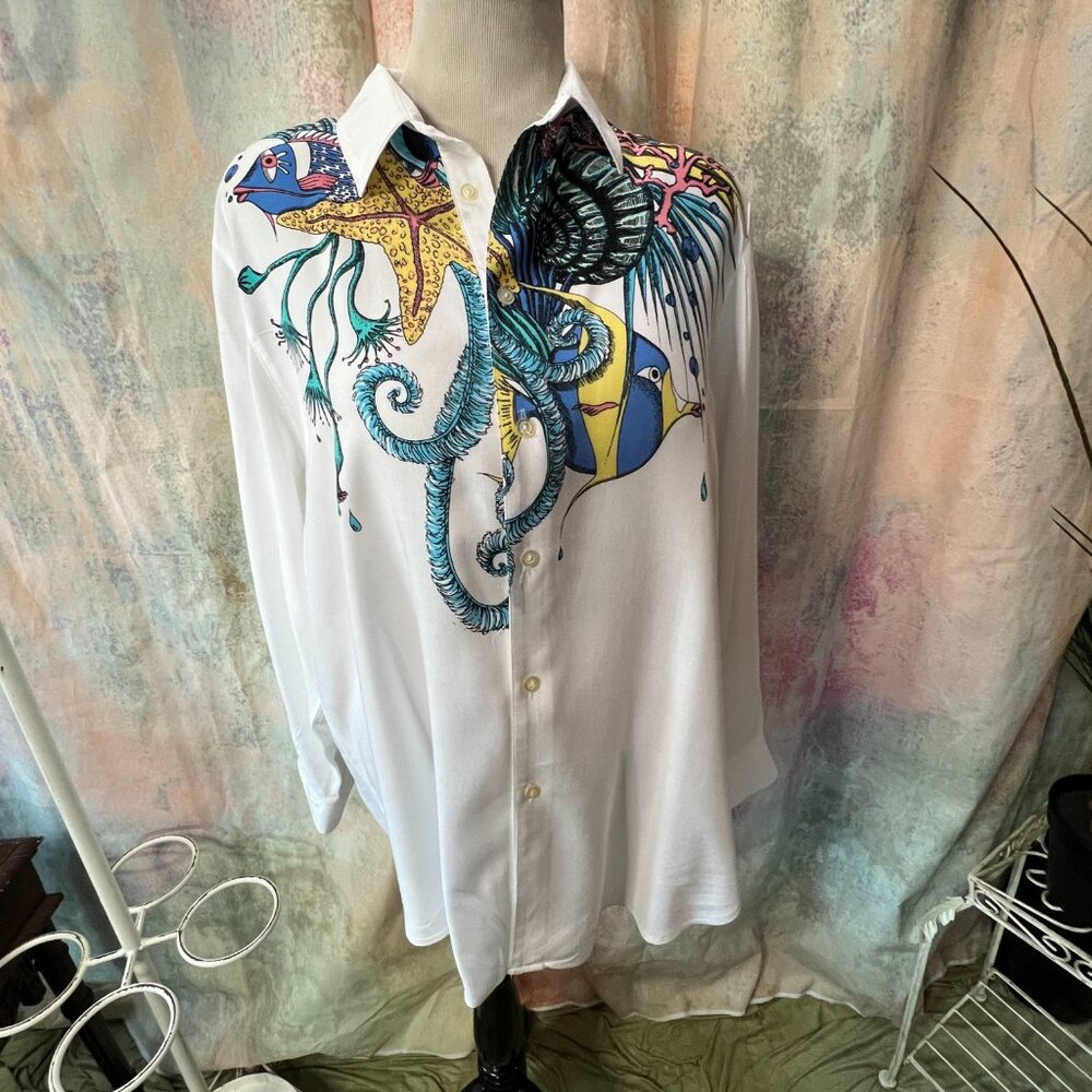 VTG📌Vivien Caron Under the Sea Starfish Long Sleeves Button Down Viscose Blouse